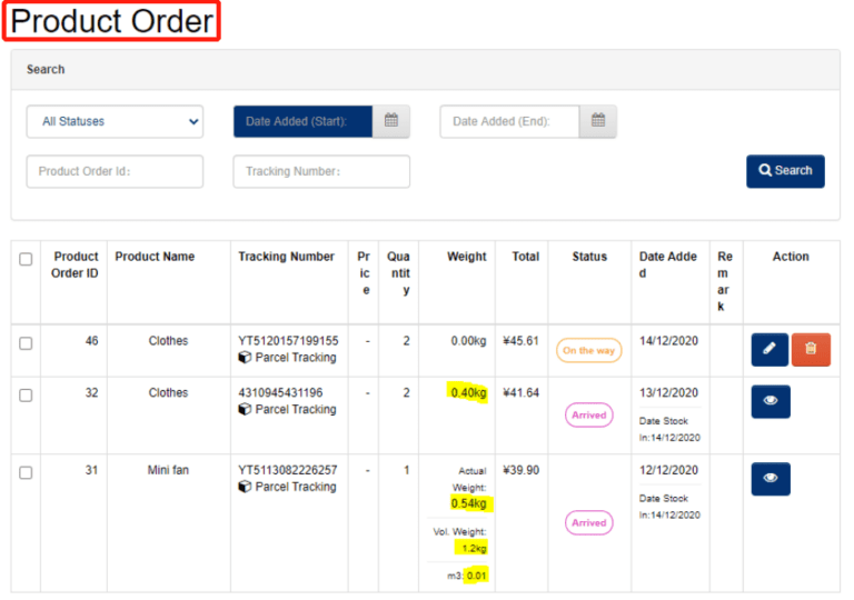 The updated details of product order