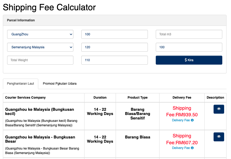 Kalkulator kos logistik untuk import dari 1688 ke Malaysia